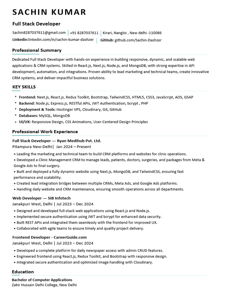 Sachin Kumar Resume Full Stack Developer PDF | PDF | Customer ...