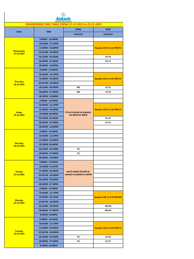Engineering Time Table: Dec 17-23, 2025 | PDF