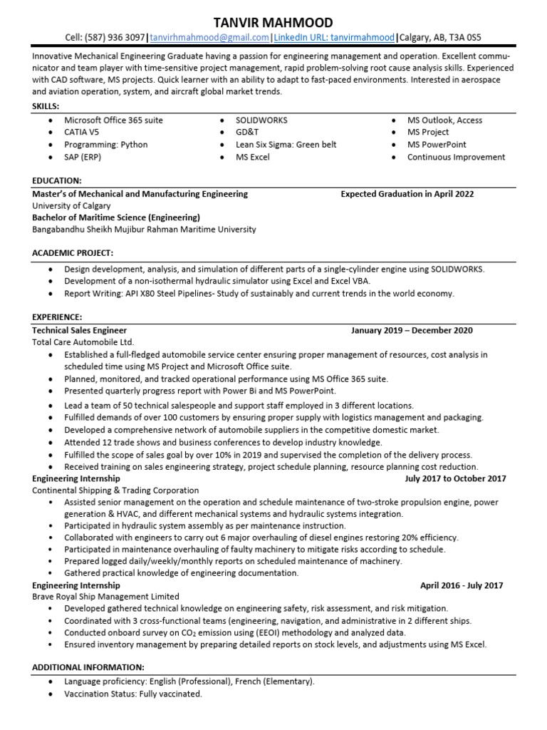 Mechanical Engineering Graduate Resume | PDF | Engineering