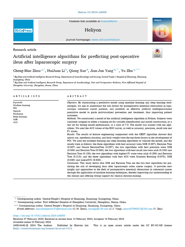 Artificial Intelligence Algorithms For Predicting Post Operative Ileus ...
