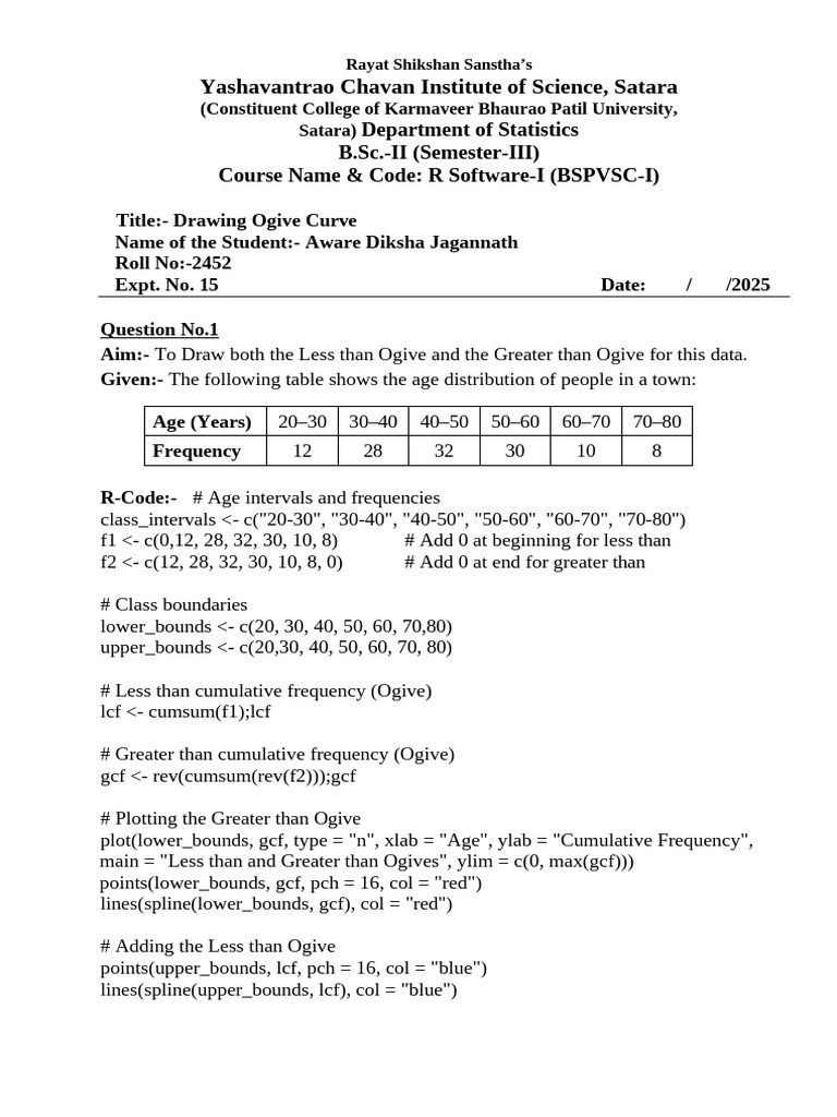 Drawing Ogive Curves with R Code | PDF