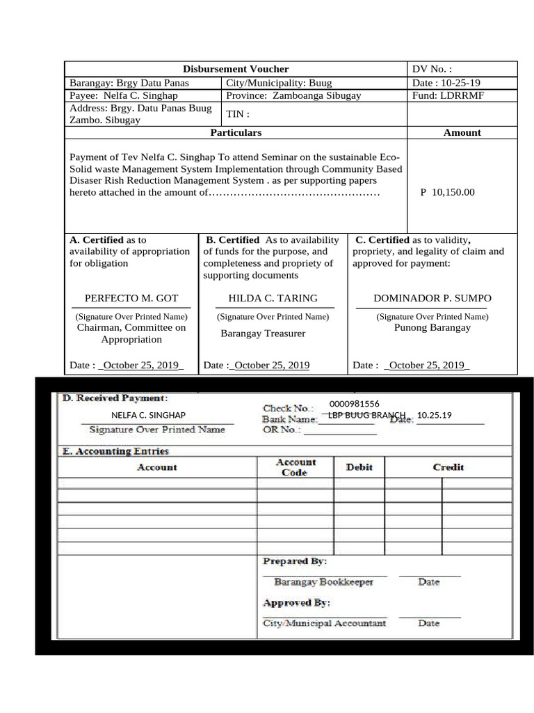 Disbursement Voucher RAO RSTF Sample | PDF | Payments | Receipt