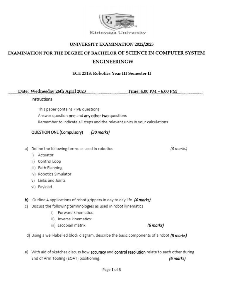 Robotics Exam Questions 2023 | PDF | Robotics | Mechanics