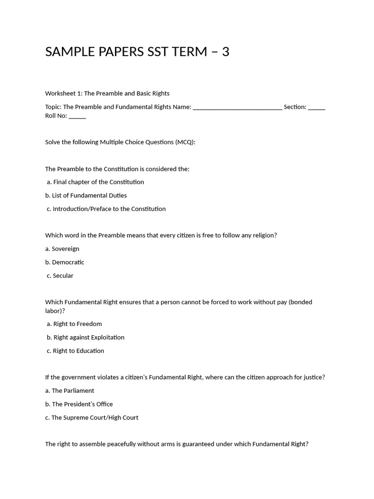 SST Term 3: Preamble & Rights MCQs | PDF | Government | Political Charters