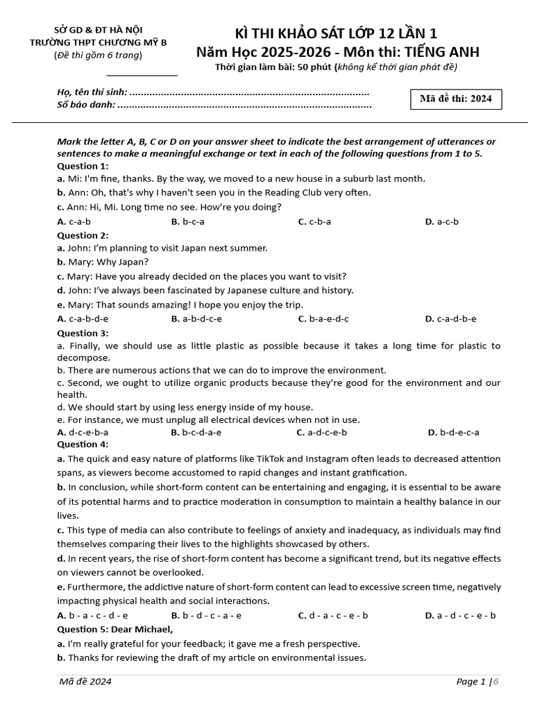 English Exam Paper for 12th Grade 2025-2026 | PDF | Landslide ...