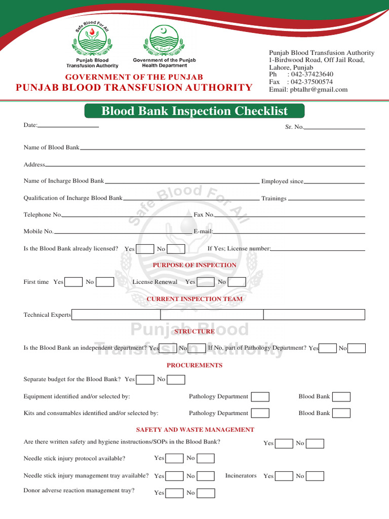 Blood Bank Inspection Checklist Guide | PDF | Blood Donation | Blood Plasma
