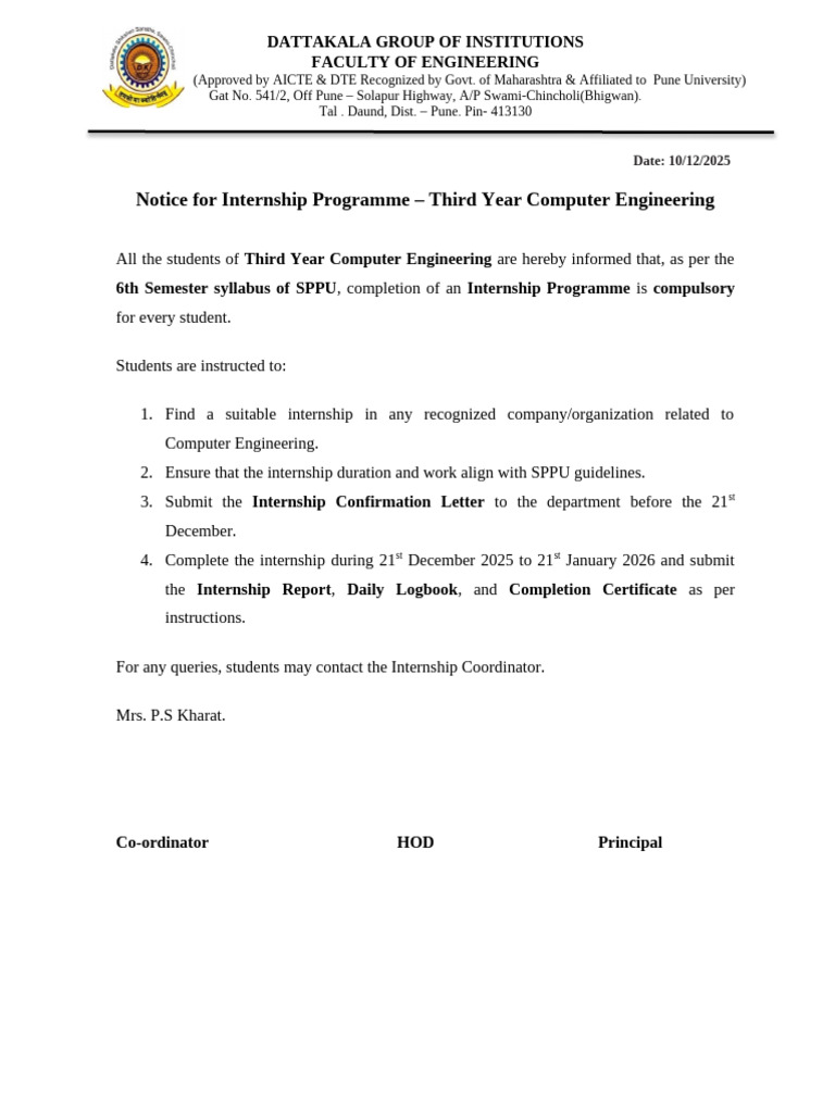 Internship Notice for Computer Engineering | PDF
