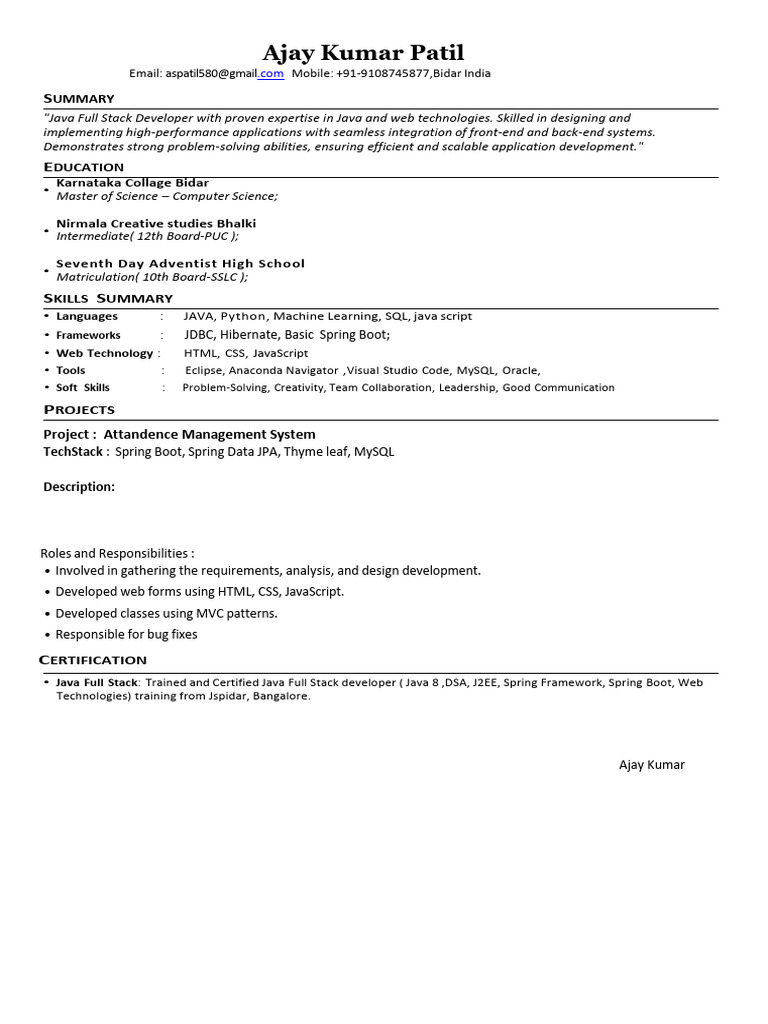 Java Full Stack Developer Resume | PDF