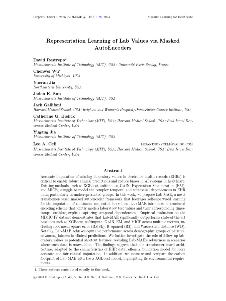 Representation Learning of Lab Values Via Masked AutoEncoder | PDF ...
