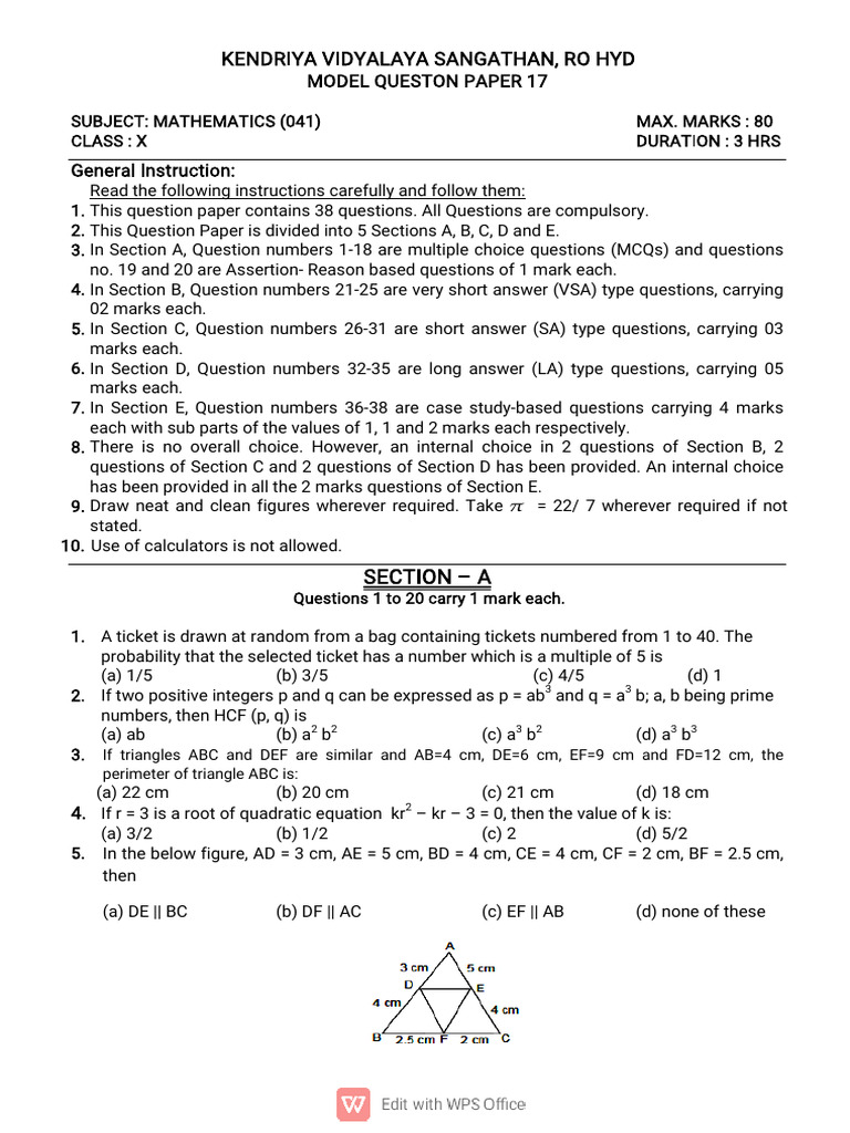 Class X Mathematics Model Question Paper | PDF | Circle | Area