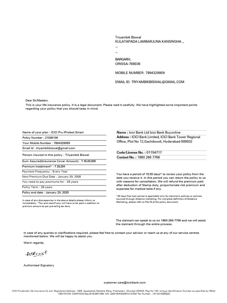My Policy 33238406 Worth 55 Lacs - Unlocked | PDF | Insurance | Life ...