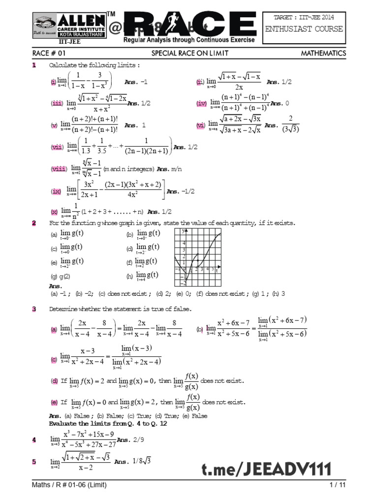 IIT-JEE Limit Calculations and Solutions | PDF | Chess Theory | Chess