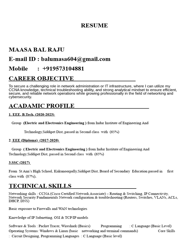 Network Administration Resume of Maasa Bal Raju | PDF | Cisco ...