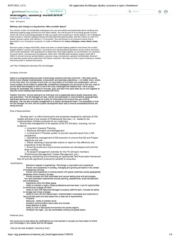 Job Application For Manager, Quality Assurance at Aptos - Greenhouse ...