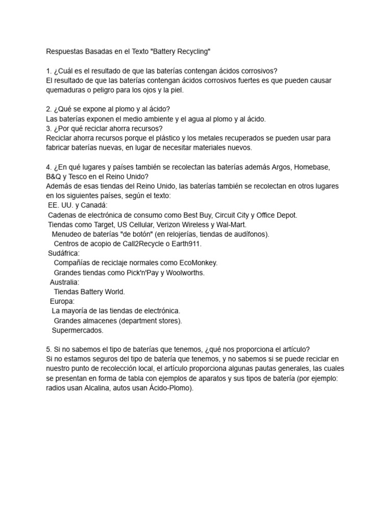Respuestas Basadas en El Texto - Battery Recycling | PDF