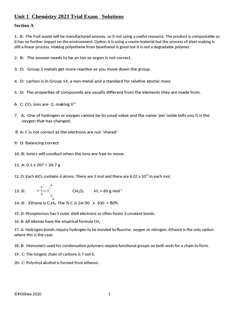 Chemistry 2023 Trial Exam Solutions | PDF | Chemical Bond | Atoms
