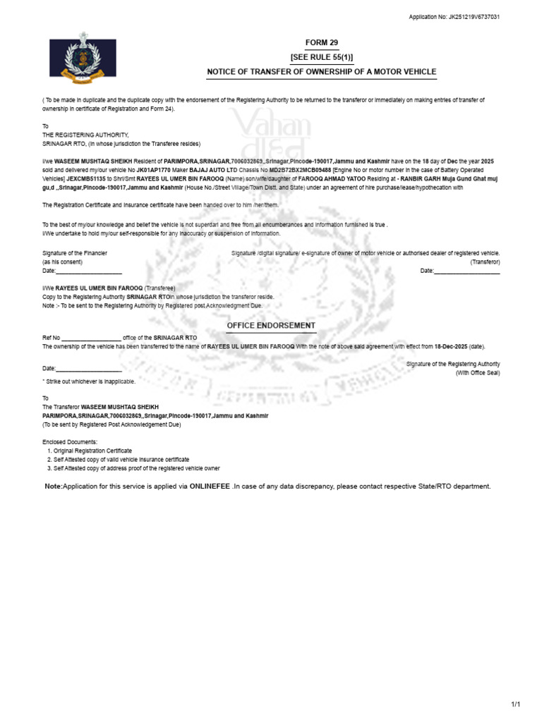Motor Vehicle Ownership Transfer Notice | PDF | Transport | Vehicles