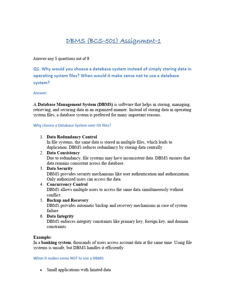 DBMS Assignment: Key Concepts Explained | PDF | Databases | Database Schema