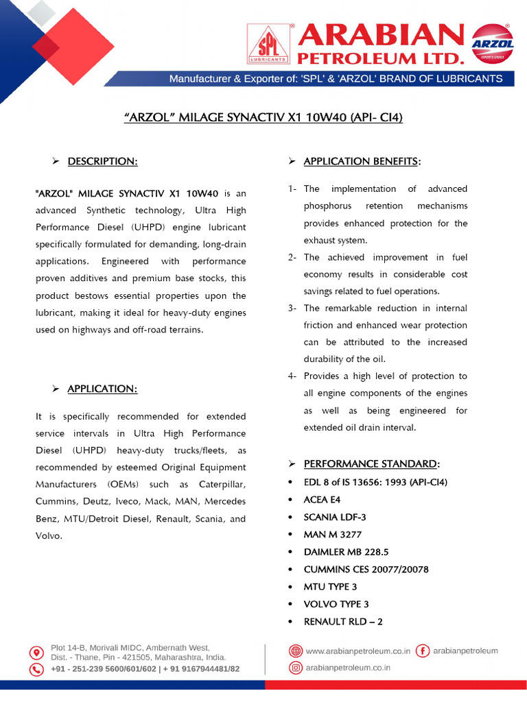 Milage Synactiv x1 10w40 API Ci4 | PDF | Mechanical Engineering