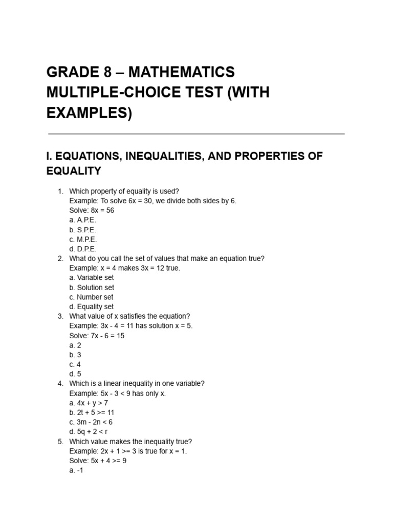 Grade 8 Math Multiple-Choice Test | PDF | Equations | Inequality ...