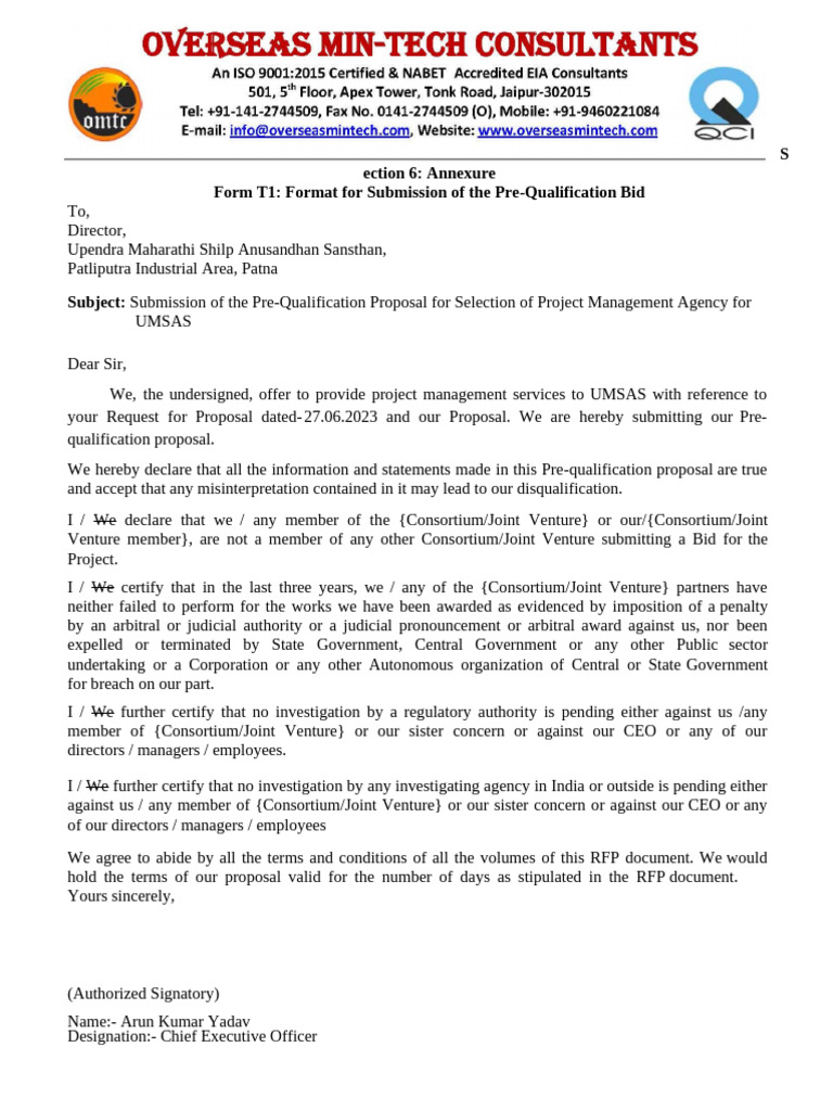 Pre-Qualification Proposal for UMSAS | PDF