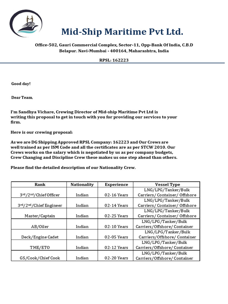 Crewing Services Proposal by Mid-Ship Maritime | PDF | Ships | Water ...