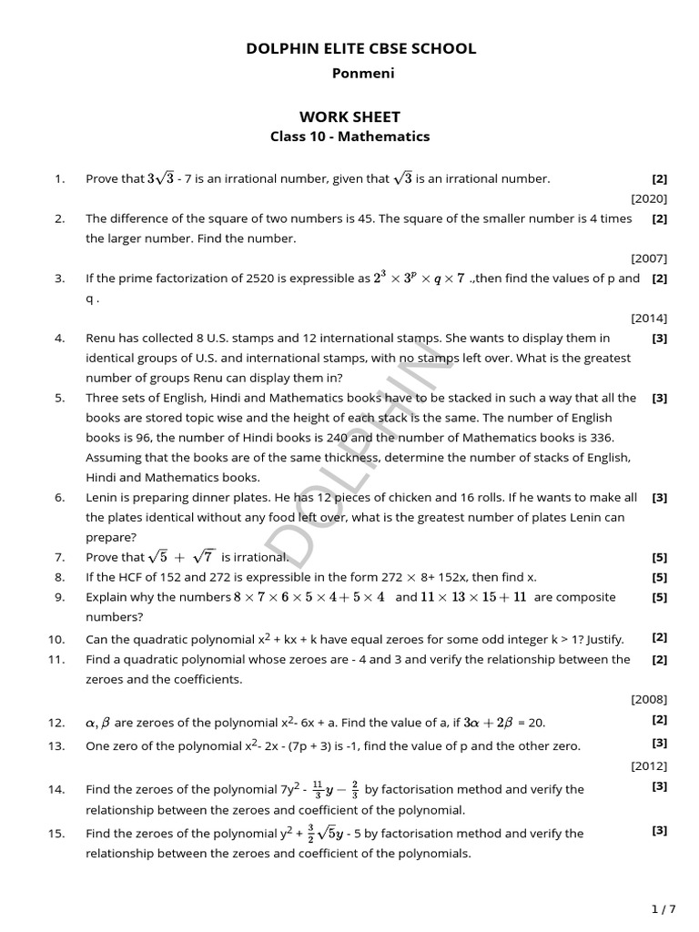 Class 10 Mathematics Worksheet | PDF | Factorization | Polynomial
