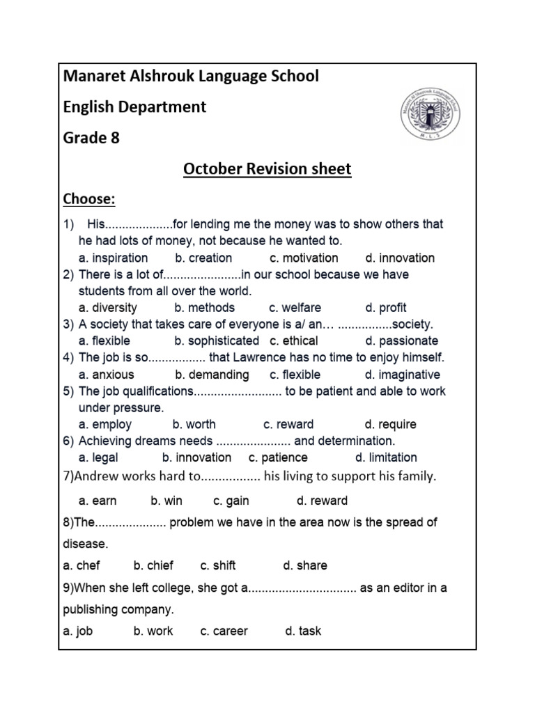 Grade 8 English Revision Sheet | PDF