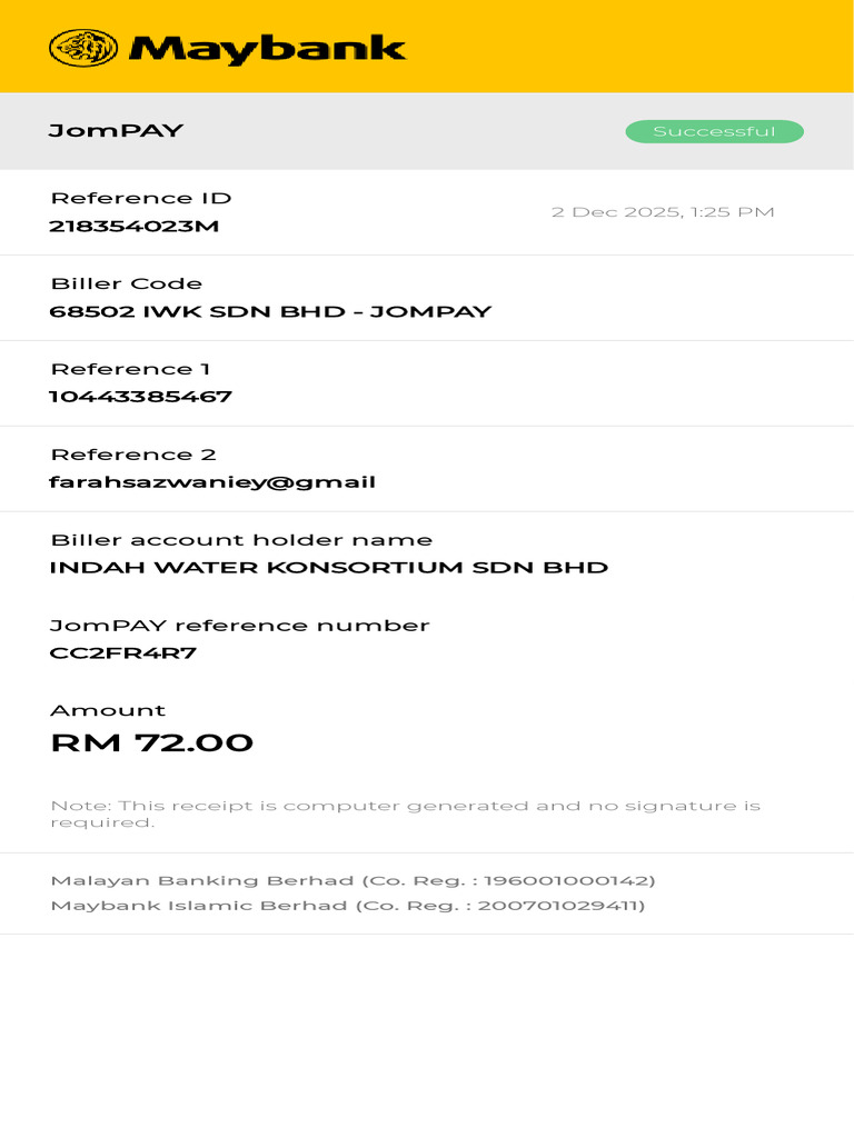 JomPAY Payment Receipt - RM 72.00 | PDF