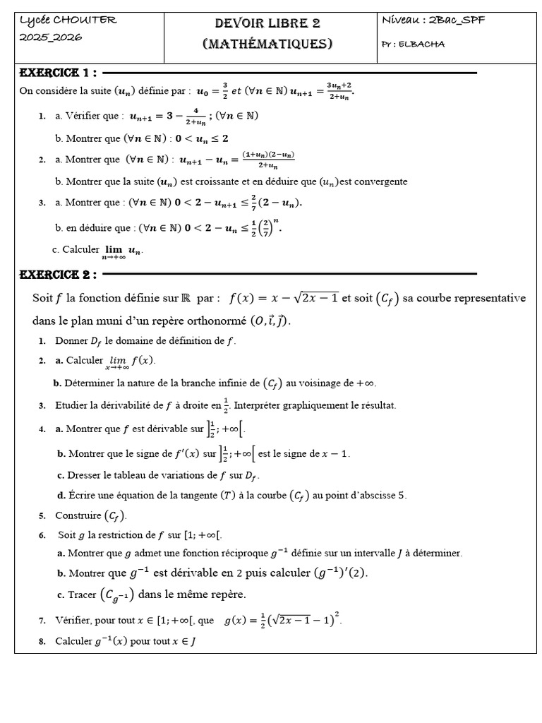 Devoir de Mathématiques 2Bac_SPF 2025-2026 | PDF | Mathématiques