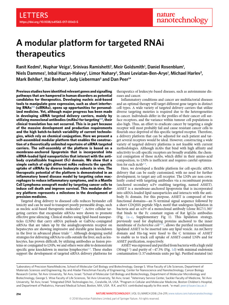 A Modular Platform For Targeted RNAi Therapeutics | PDF | Small ...