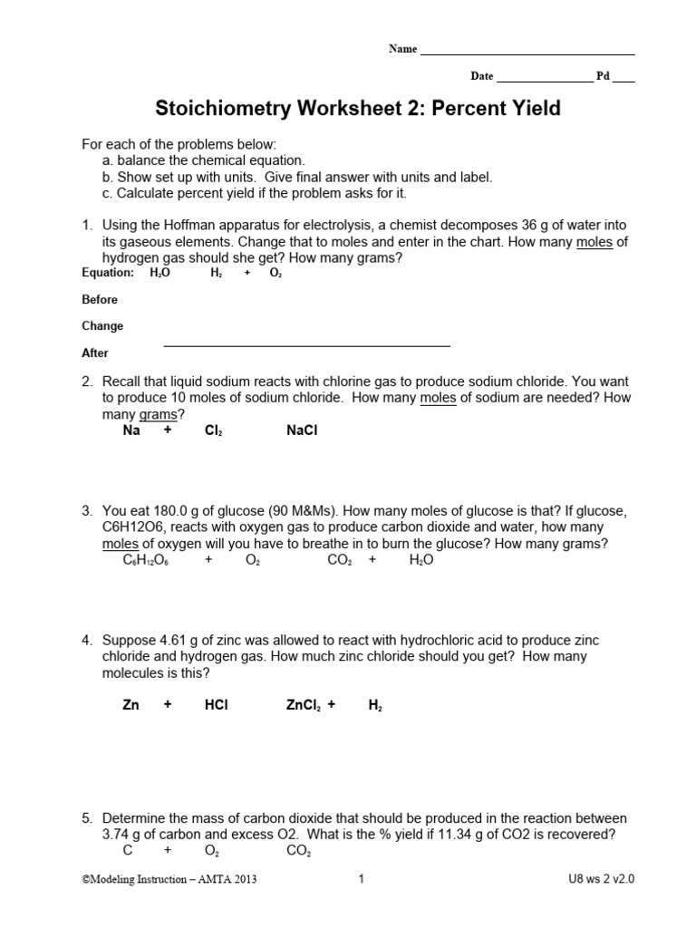 Stoichiometry Percent Yield Worksheet | PDF | Oxide | Chlorine