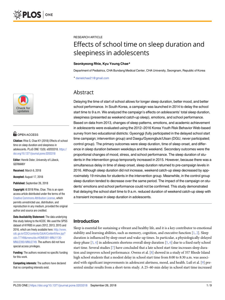 Effects On School Time On Sleep Duration and Sleepiness in Adolescents ...