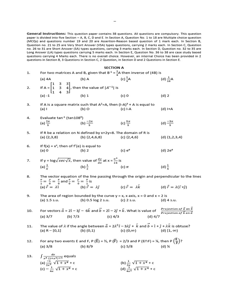 Class 12 Mathematics Pre-Board Exam 2024-25 | PDF | Mathematical ...