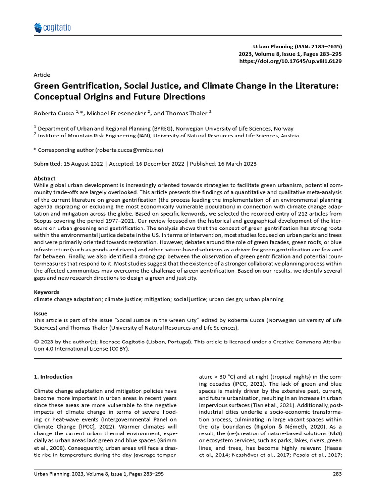 UP 8 (1) - Green Gentrification, Social Justice, and Climate Change in ...