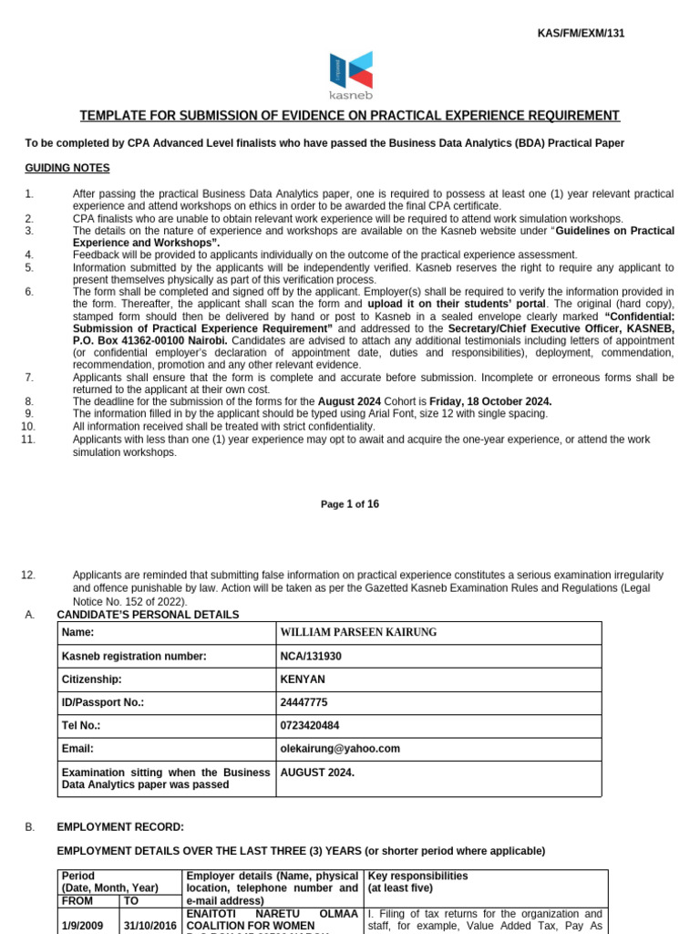 Practical Experience Submission Template | PDF | Audit | Budget