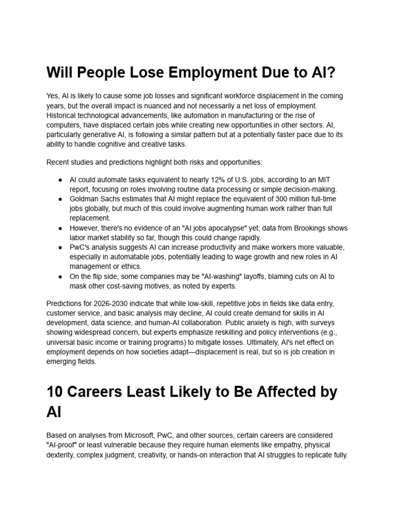 Will People Lose Employment Due To AI | PDF | Artificial Intelligence ...