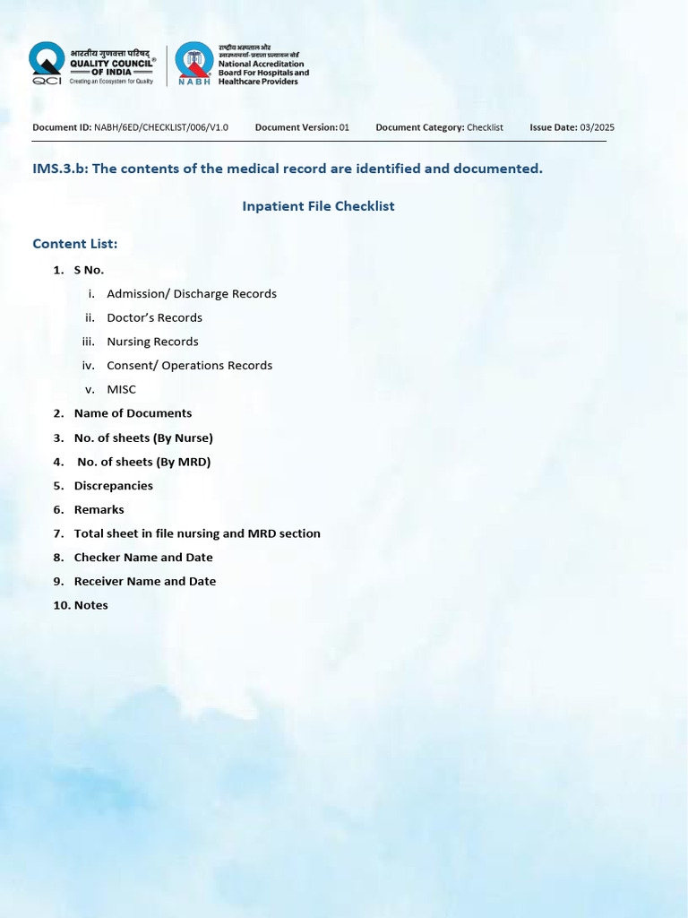 Inpatient File Checklist for Healthcare | PDF | Health Care | Medicine