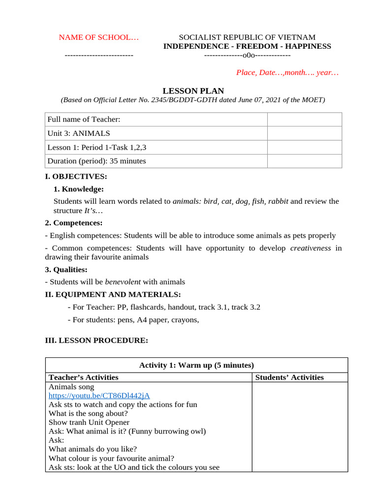 Lesson Plan: Animals for Kids | PDF