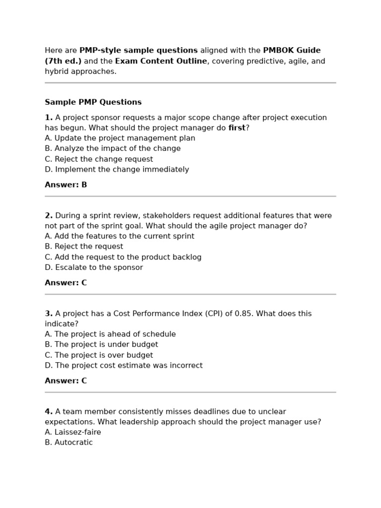 PMP Exam Sample Questions Guide | PDF