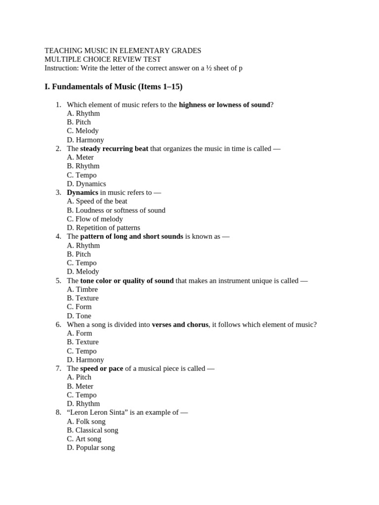 Music Teaching Review Test for Grades | PDF | Rhythm | Singing