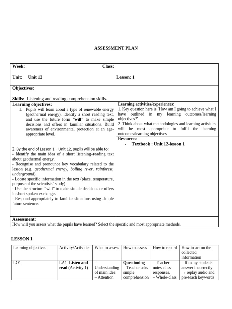 Assessment Plan Unit 12 Lesson 1 | PDF | Learning | Behavior Modification