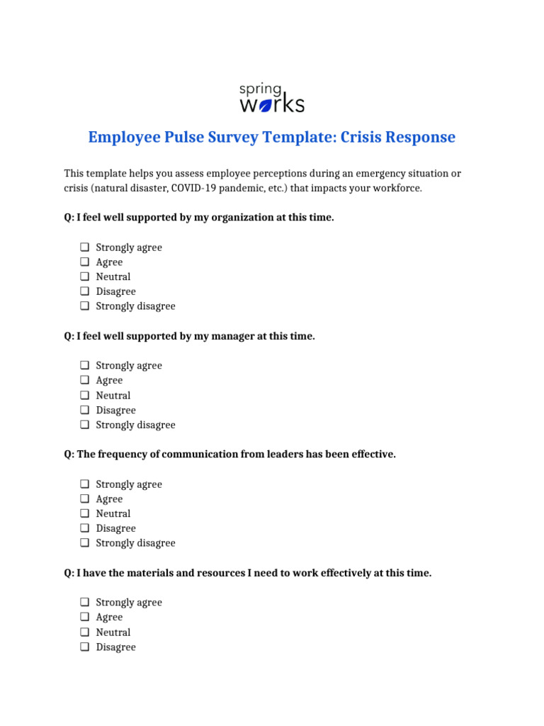 Employee Pulse Survey Template - Crisis Response | PDF
