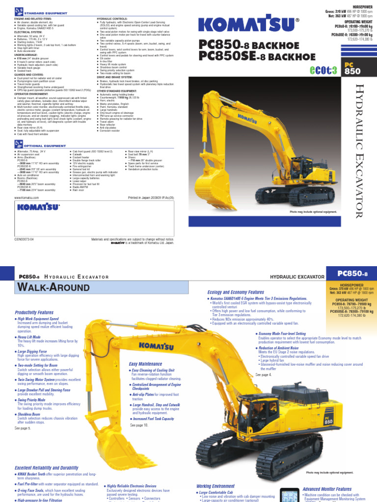 Komatsu PC850-8 Hydraulic Excavator Specs | PDF | Electrical Connector ...