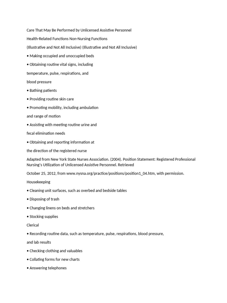 Care That May Be Performed by Unlicensed Assistive Personnel | PDF ...