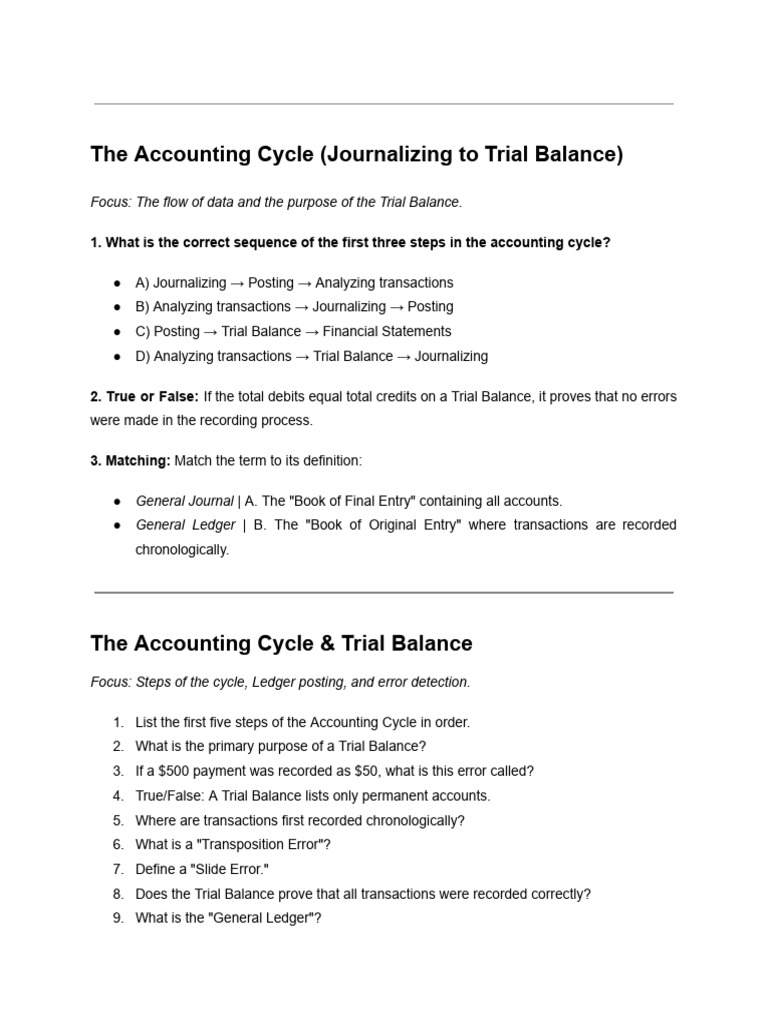 Accounting Cycle & Trial Balance Guide | PDF | Debits And Credits ...