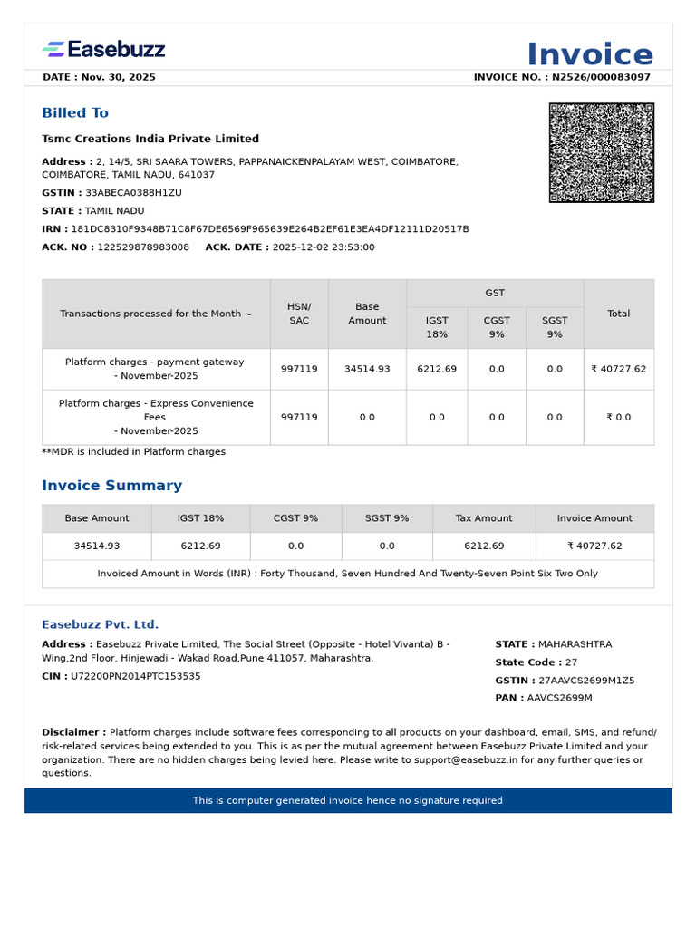 Invoice N2526 for Tsmc Creations India | PDF | Public Finance | Payments