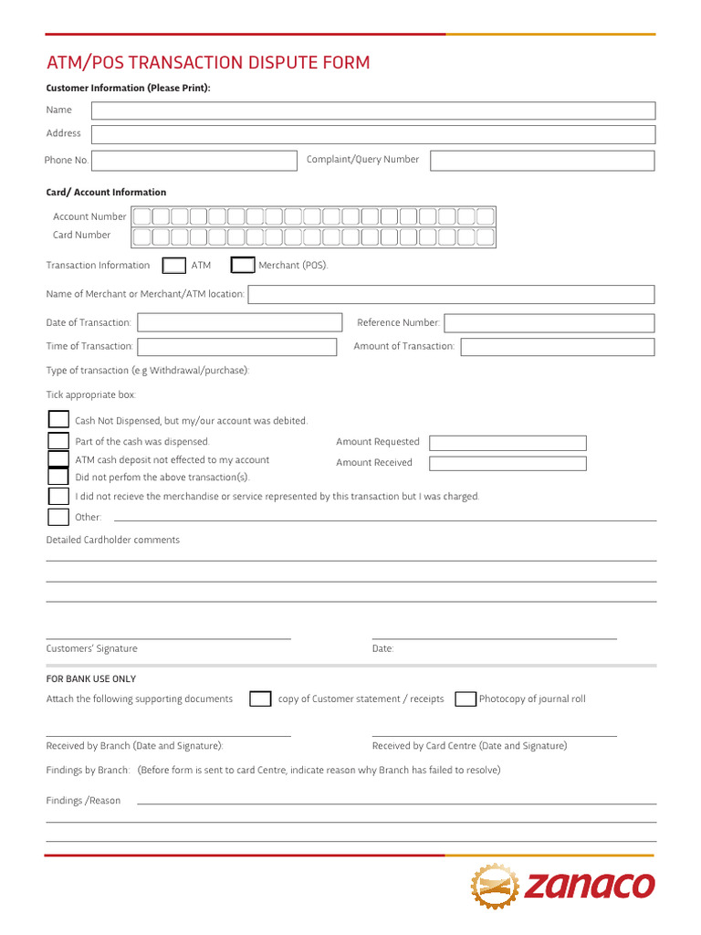 ATM POS Transaction Dispute Form - Editable - New | PDF