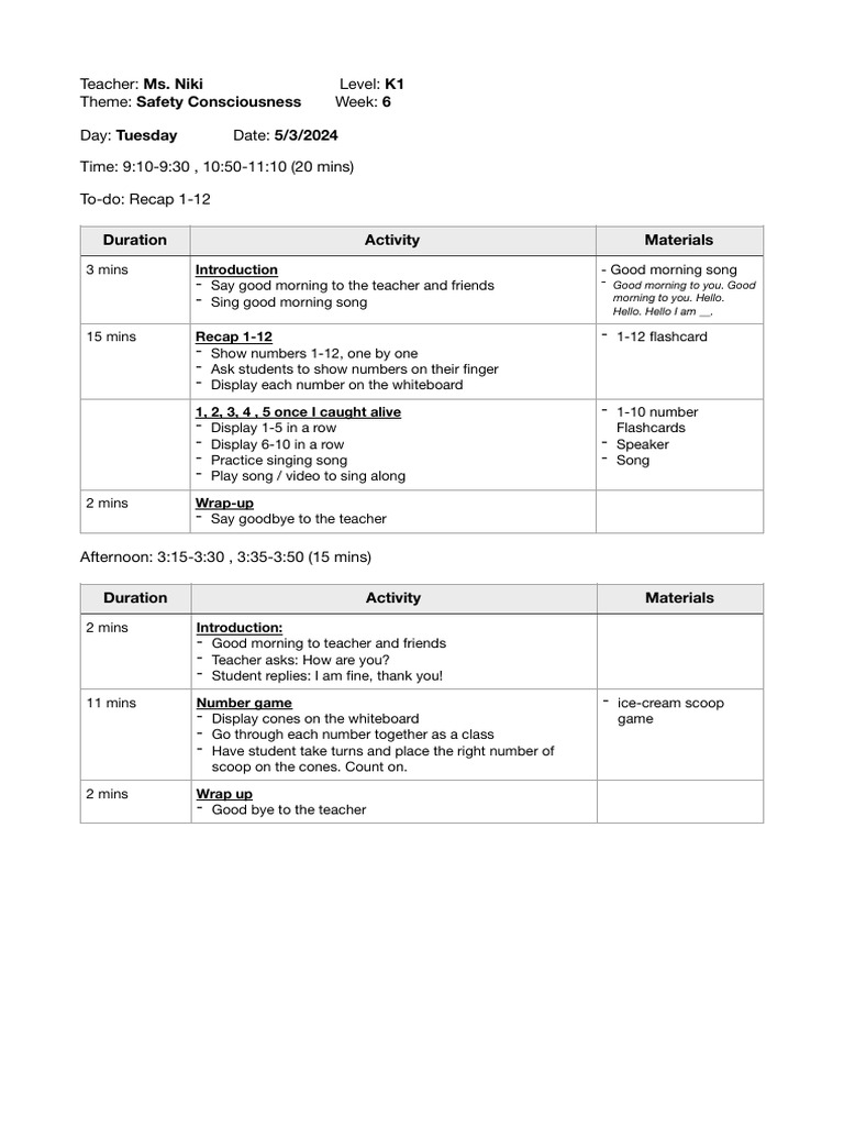K1 Safety Theme Lesson Plan | PDF