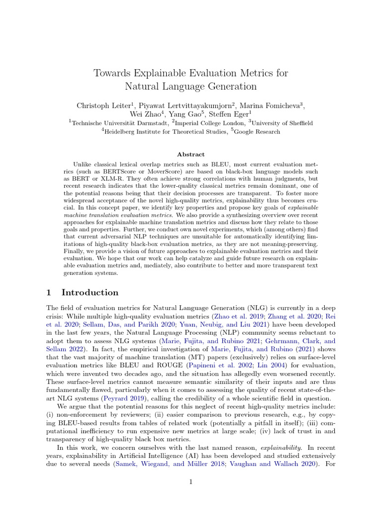 Towards Explainable Evaluation Metrics For Natural | PDF | Prediction ...